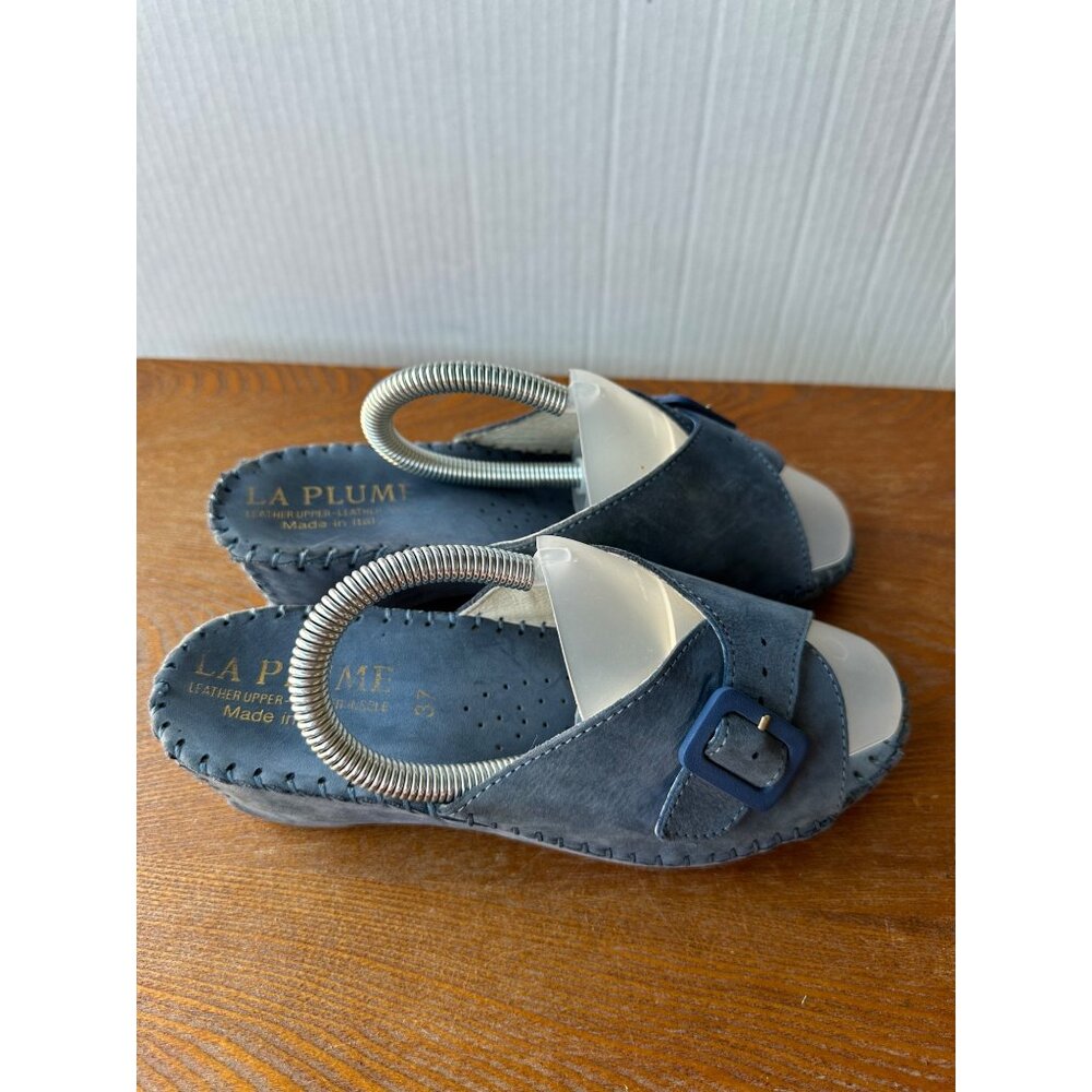 La Plume Women's Size 38 Blue Leather Slip-On Sandals With Buckle Accent Sz 6.5 - Picture 4 of 9